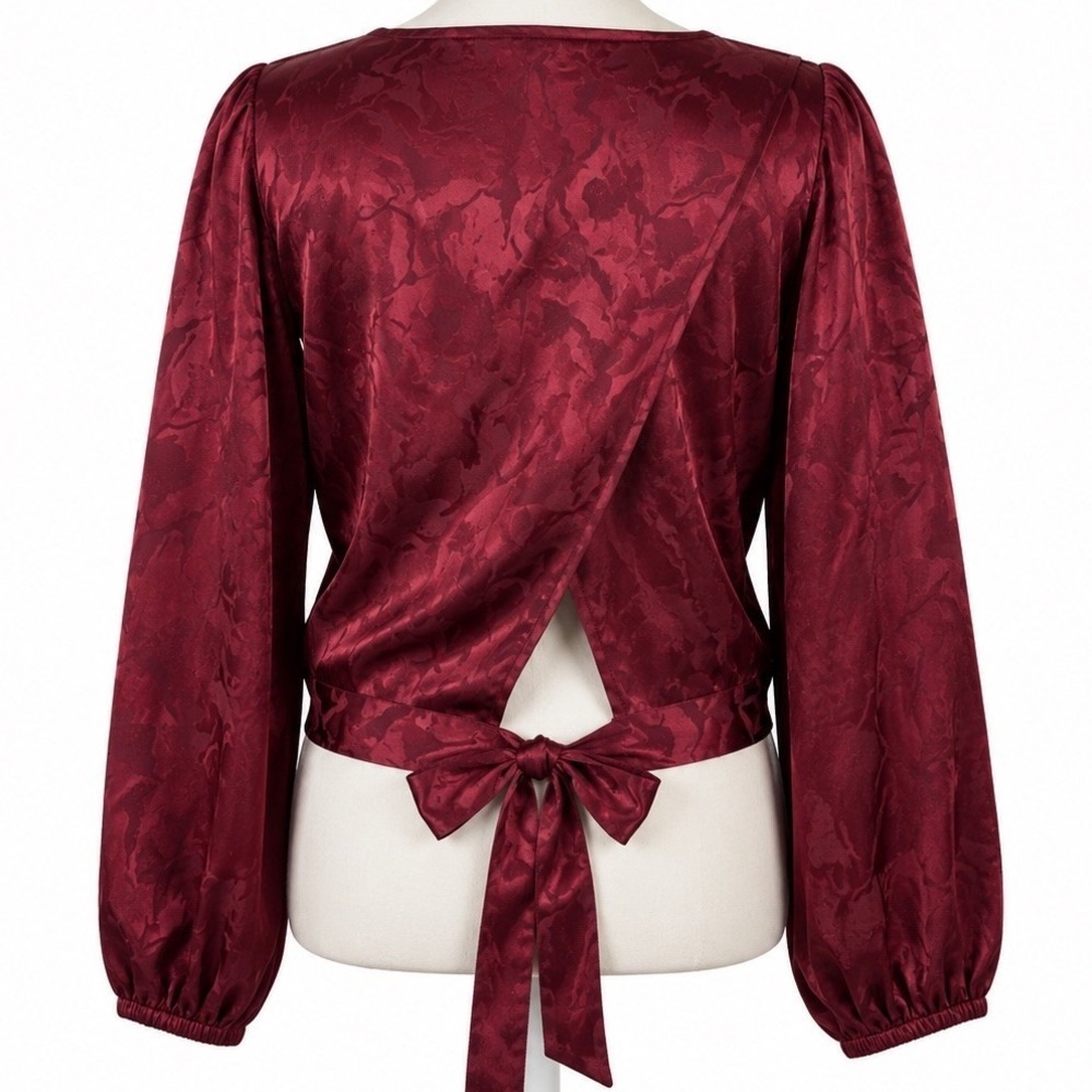 LUCCA Jacquard Satin Floral Wine Blouse Bow Tie M Coquette Fairy Dark Academia - Picture 3 of 15